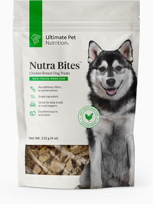 ULTIMATE PET NUTRITION Nutra Bites Freeze Dried Raw Single Ingredient Training Treats Food Topper for Dogs, 4 Ounces, Chicken Breast