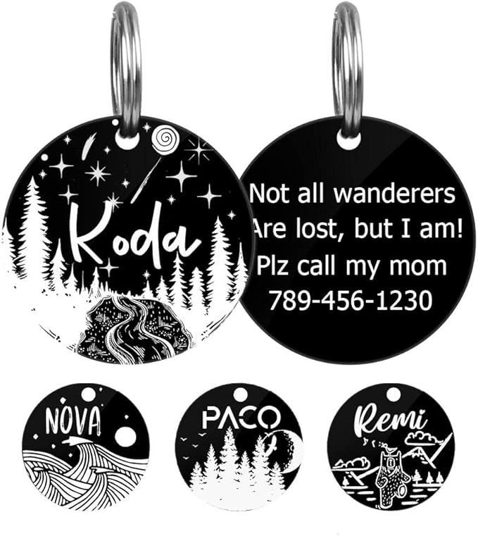 MYXGY Pet ID Tags, Customized Dog Name Tags, Personalized Cat Tags, Round Black Custom Stainless Steel, Engraved on Both Sides for Pets, White Laser Engraving Dog Collar Tag (Round)