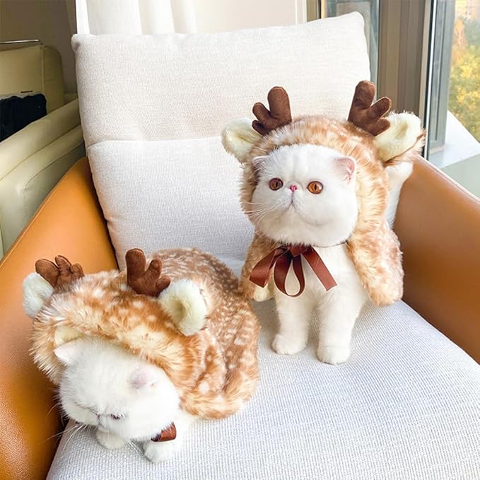 ANIAC Christmas Puppy Reindeer Costume Xmas Dog Elk Cloak with Antlers Cat Santa Cape Christmas Dog Outfit for Small Medium Dog (Small, Brown)