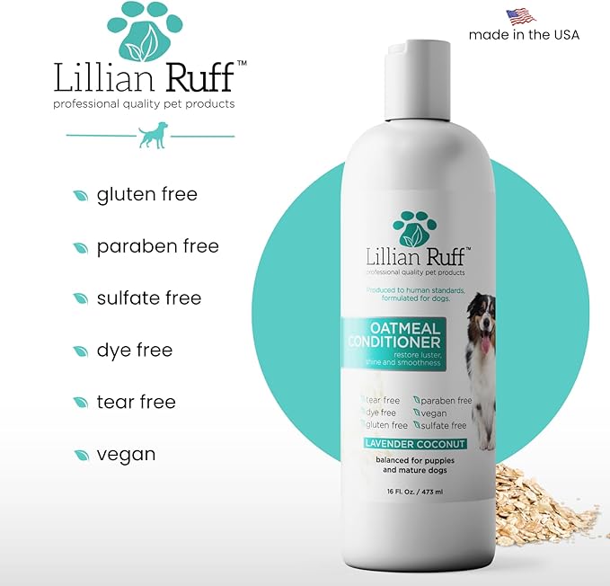 Lillian Ruff PRO Formula Oatmeal Dog Conditioner - Nourishing & Calming Relief for Allergies & Sensitive Skin - Detangles, Softens & Adds Shine with Oatmeal, Coconut Oil & Lavender - USA (16oz+Brush)