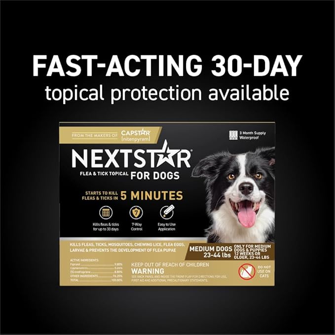 NEXTSTAR Flea and Tick Prevention for Dogs, Repellent, and Control, Fast Acting Waterproof Topical Drops for Medium Dogs, 6 Monthly Doses