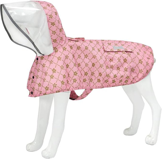 Waterproof Dog Raincoat, Adjustable Reflective Lightweight Pet Rain Clothes with Poncho Hood (Gold Cheery Blossoms Pink, X-Small)