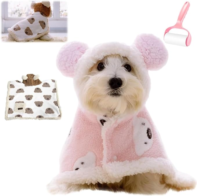 Furry Dog Cape Blanket,Soft Pet Cloak Blanket,Warm Cozy Pet Wraps with Hood Winter Nightgown,Cute Thicken Small Dog Cats Robe Clothes (Pink, Small)