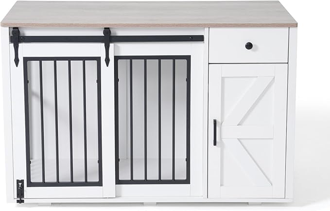 Verano Garden 44" Dog Crate, 2-in-1 Furniture-Style Dog Crate with Storage Drawer & Cabinet, Heavy Duty Dog Kennel Dog Cage Indoor for Small Medium Dogs, White (44" Right Facing Door)