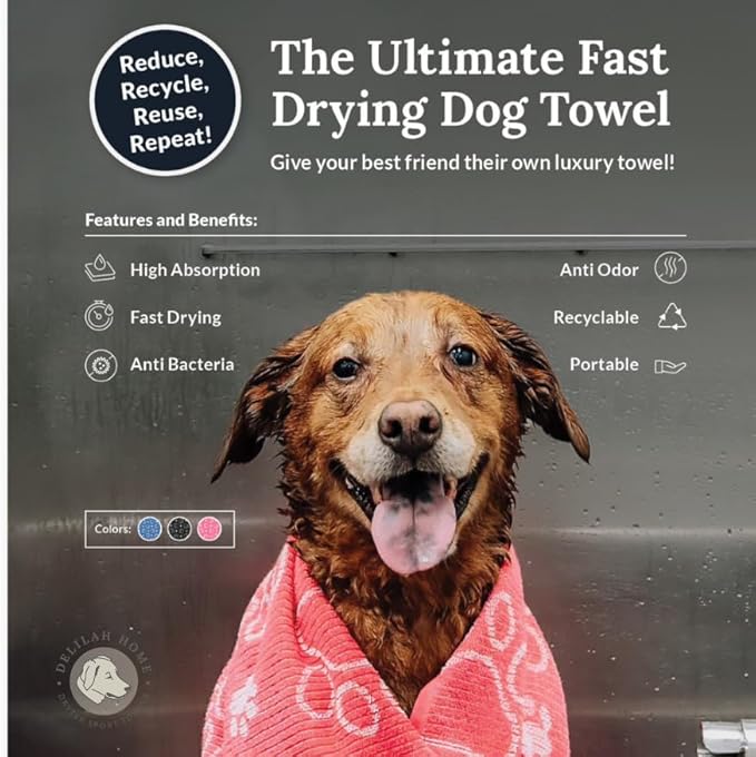 Delilah Home Drytek High Performance Dog Towel, Dries 4X Faster, Luxuriuouly Soft, and Made from Recycled Botlles, 30-inch by 54-inch, Large (Navy)