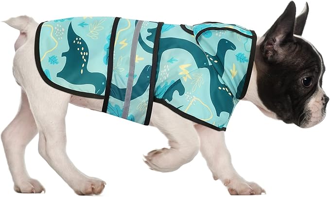 HDE Dog Raincoat Jacket Reflective Adjustable Hooded Pet Poncho Rain Coat with Leash Hole for Small to X-Large Dogs Dinosaurs - M