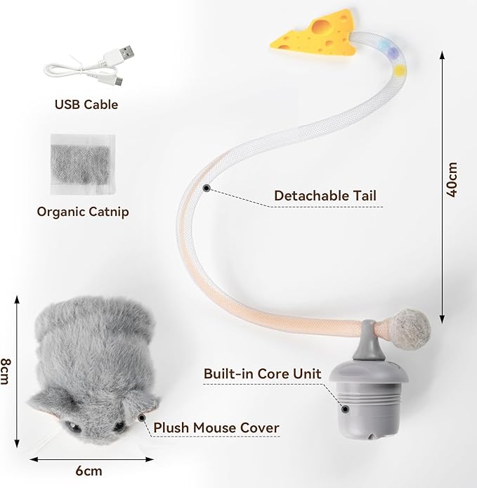 Migipaws Interactive MigiMouse Cat Toy 360° Rolling & Spin with Wiggling Tail for Indoor Cats Smart Motion Sensor, Realistic Squeak, Rechargeable Plush Kitten Toy(Grey)