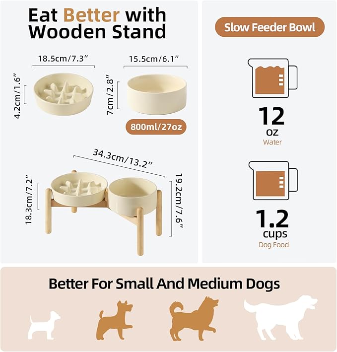 Ceramic 1.2 Cup Raised Slow Feeder Dog Bowl Set, Elevated 6.1inch Bowl and 7.3inch Slow Pet Food Dish with Wooden Stand for Small and Medium Dog (2 x Beige+ Stand)