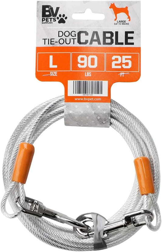 BV Dog Tie Out Cable 25 Feet - Heavy Duty Dog Lead up to 90 Pounds - Reflective & Rust-Free with Quick Release Swivel Clips & 360° Rotating Clasp - Tangle-Free Dogs Runner for Yard (Silver, Single)