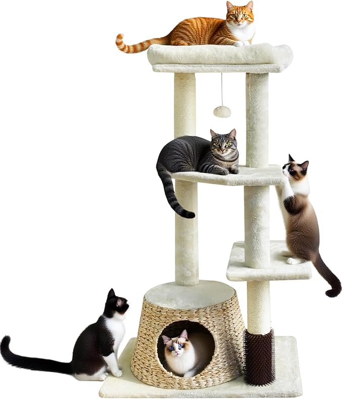 43.6” Rattan Cat Tree Tower with Woven Cat House - Multi-Level Condo & Scratching Posts - Sisal Poles, Grooming Brush, Plush Perch & Dangling Toy, Stylish Cat Furniture for Indoor Cats