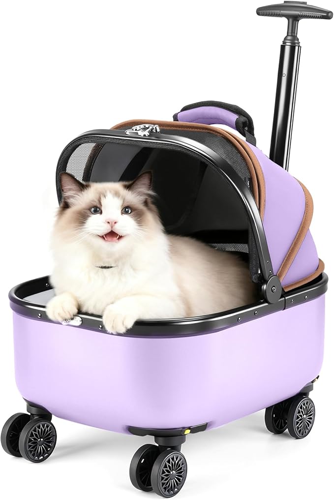 Lekereise Cat Carrier with Wheels (Purple), 180° Wide Open Rolling Cat Carrier for Social Outings, Stylish Design for Coffee Shops/Shopping, Soft-Sided Travel Tote for Cats & Small Dogs
