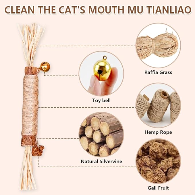Natural Dried Matatabi Cat Chew Stick with Gall Fruit, Raffia Grass & Bell Cat Ball Toys, Handmade Silvervine Sticks Interactive Catnip Toy for Teething & Entertainment (Size M Color B)