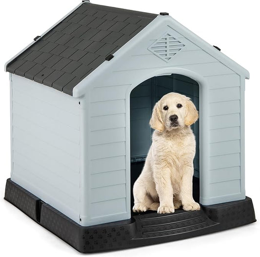 Giantex Dog House for Medium Dogs, Waterproof Plastic Dog Houses with Air Vents and Elevated Floor, Easy to Assemble, Outdoor Cat House Feeding Station Indoor Patio Backyard Dog Kennel House, Gray