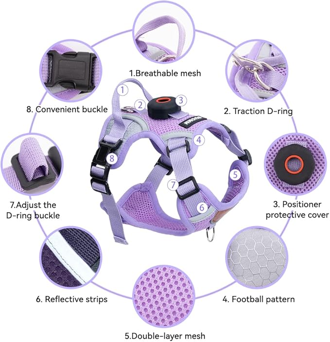 Cat Harness and Leash Set with AirTag Holder: Upgraded Escape Proof Vest with Lead for Small Dog Puppy Large Cat Walking，Soft Breathable Mesh Coat with Reflective Strip (Purple, S)