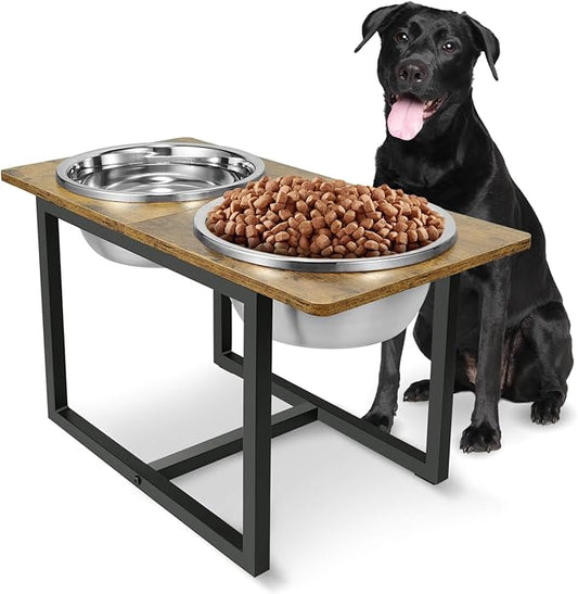 Elevated Dog Bowls for Large Dogs, Raised Dog Bowl Stand with Two X-Large Stainless Steel Bowls for Dogs, 3.5L Capacity, Rustic Brown