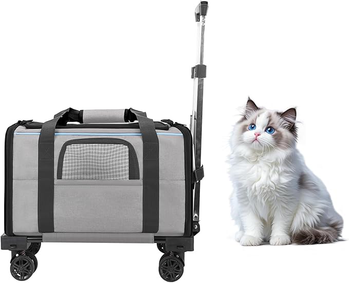 Pet Carrier with Wheels - Soft-Side Wheeled Cat Carrier for Dogs with Telescopic Handle, Collapsible Rolling Pet Travel Bag Carrier for Large Cats Small Medium Dogs for Camping Vet Visiting Grey