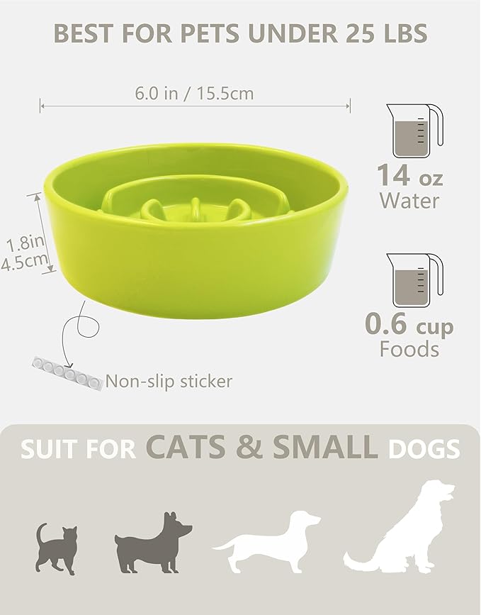 Ceramic Slow Feeder Dog Bowls, 0.6 Cup Slow Feeder for Small Dogs and Cats, Puzzle Maze Bowl, Prevents Choking, 6in, Green