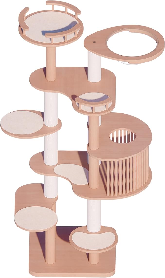 Downpat Cat Tree 72.3" Solid Wood Multi-Level Cat Tower with Condo,Cat Scratching Post,Jumping Space,Furniture Suitable for Cats (with Cat Scratching Mat Pad Anti-Slip Mat)