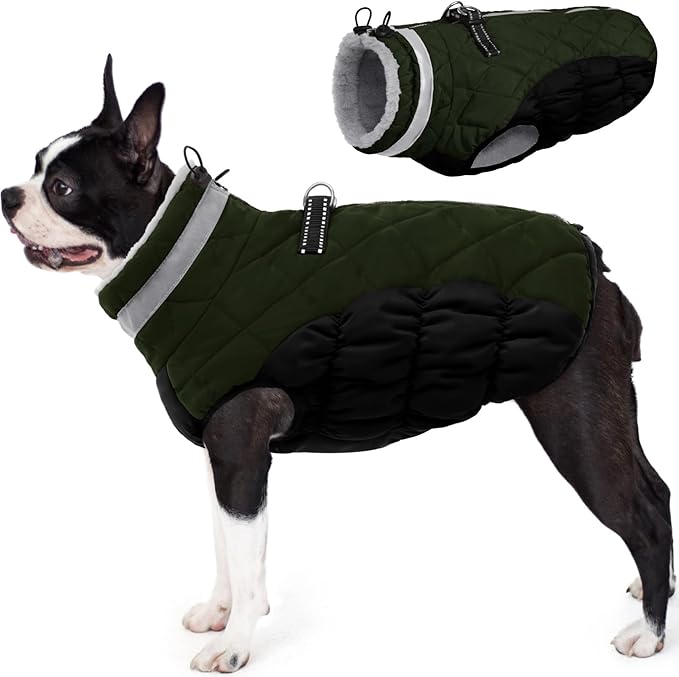 AOFITEE Dog Coat, Warm Dog Jacket, Reflective Winter Coats for Medium Dogs, Turtleneck Dogs Winter Jacket with Harness Built in, Waterproof Windproof Pet Fleece Vest Puffer Jacket, Green M