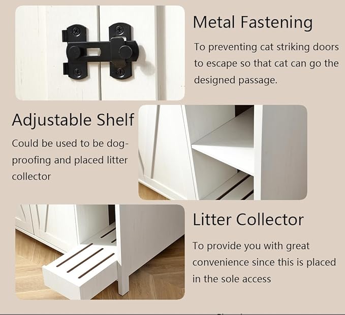 Large Cat Litter Enclosure with Litter Collector, Enclosure for self-Cleaning Litter Boxes,Adjustable Shelf for Dog Proof,Charging Station,Locks Added for cat,Cat House,Cloud White