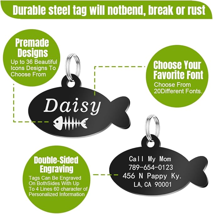 Stainless Steel Cat ID Tag Personalized Pet Tags with up to 4 Lines of Custom Text, Small Pet Mini Dog Cat Tag Lightweight, Engraved on Both Sides, Multiple Patterns Colors Size Options (Icon)