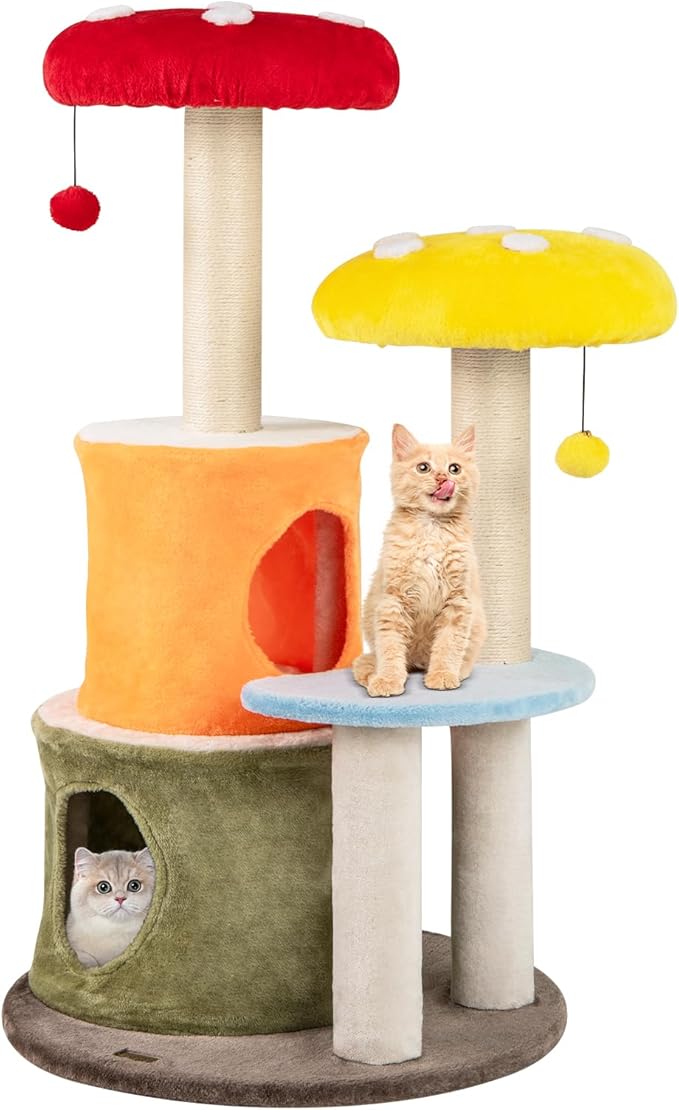 PETSITE Mushroom Cat Tree, Multi-Level Cute Cat Tree Tower with Sisal Scratching Posts, Cat Condo, Soft Plush Perches, and Dangling Toys for Indoor Cats (43 Inch)