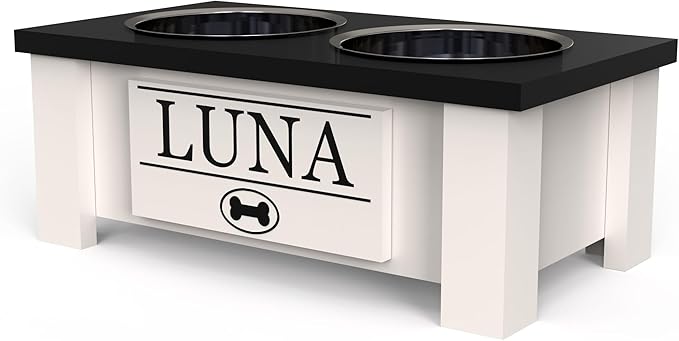 GrooveThis Woodshop - Personalized Elevated Dog Bowl Stand for Large, Medium, Small, X-Small Dogs - Stainless Steel Food and Water Bowls - Raised Dog Dish with Internal Storage (Small, Black)