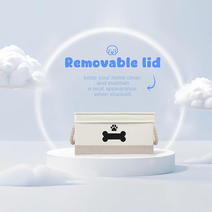 Collapsible Dog Toy Basket with Lid - Storage Bins for Toys, Organizer with Cotton Rope Handles - Beige & Gray