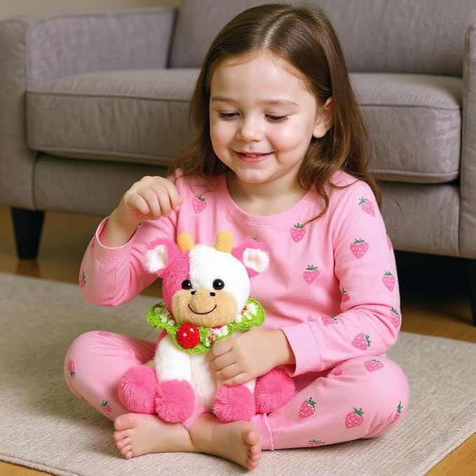 Hopearl Adorable Plush Cow Toy with Knitted Cute Strawberry Bib Floppy Dairy Cattle Soft Stuffed Animal Gifts for Boys Girls Kids Toddlers, Pink, 9''