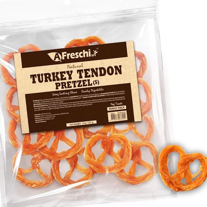 AFreschi Turkey Tendons for Dogs, USA-Sourced, Healthy Dog Treats, Rawhide-Free Puppy Chews, Long Lasting, All Natural, Hypoallergenic Dog Treats for Small Breeds, 8 oz Pack Pretzel (S)
