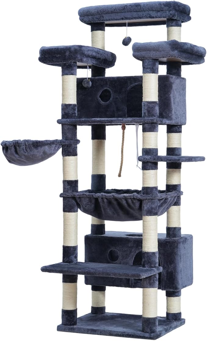 Cat Tree for Indoor Cats Large Adult, 74" Cat Tower with 3 Big Platforms, 2 Baskets, 2 Condos, Multi-Level Cat Scratching Posts, Smoky Gray GCT030G
