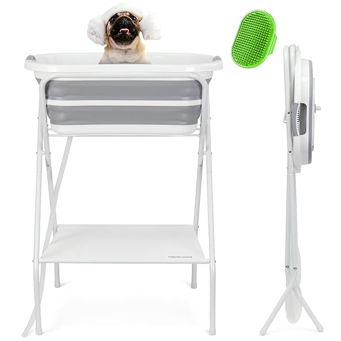 2 in 1 Dog Bath Tub Dog Washing Station with Bath Brush for Bathing and Grooming, Elevated Collapsible Foldable Portable Shower Bathtub for Small Dogs Cats Pet with Scrubber