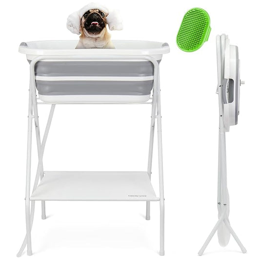 2 in 1 Dog Bath Tub Dog Washing Station with Bath Brush for Bathing and Grooming, Elevated Collapsible Foldable Portable Shower Bathtub for Small Dogs Cats Pet with Scrubber
