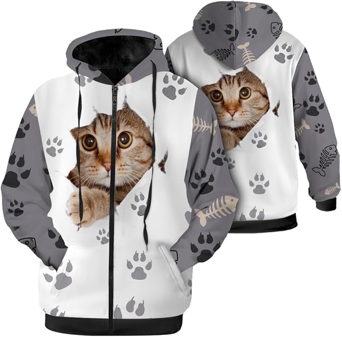 Cat Jacket for Men Women Paw Coat Hoodied Sweatshirts Zip Up Hoodies