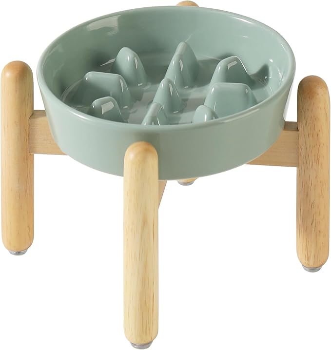 Ceramic 1.2 Cup Dog Raised Slow Feeder Set, Elevated Bowl with Wooden Stand for Medium and Small Dog, 7.3inch Slow Feeder Dish for Fast Easters(Light Green, Single Bowl+ Stand)