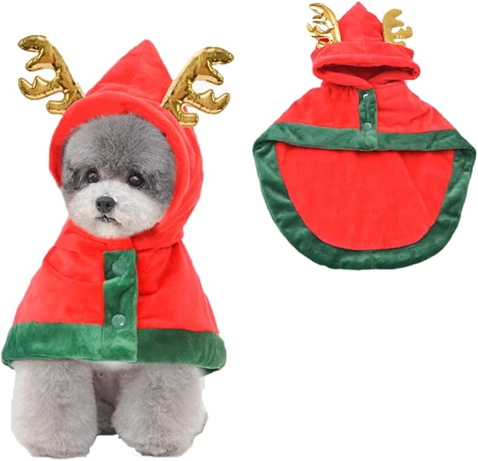 ANIAC Pet Christmas Costume Puppy Xmas Cloak with Antler Cat Santa Cape with Xmas Cap Party Cosplay Dress for Cats and Small Medium Dog (Medium, Red)