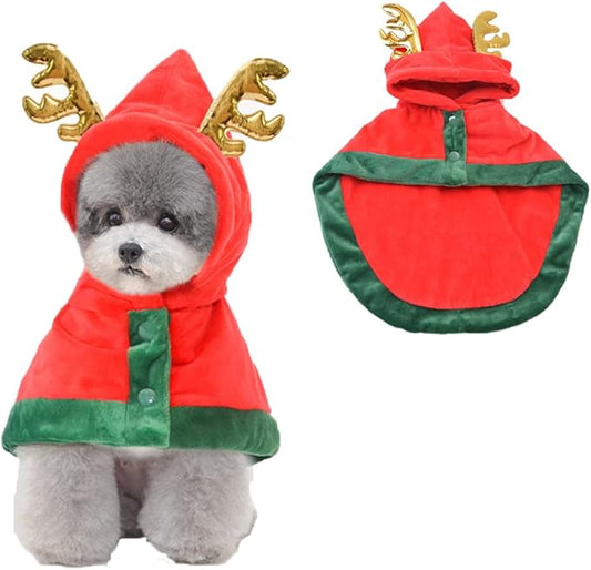 ANIAC Pet Christmas Costume Puppy Xmas Cloak with Antler Cat Santa Cape with Xmas Cap Party Cosplay Dress for Cats and Small Medium Dog (Medium, Red)