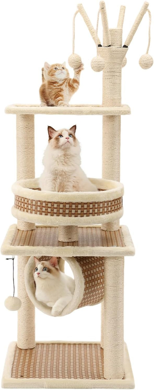 Tall Heavy Duty Rattan Cat Tree Hammock with Scratching Post,Basket,Bed,and Stand Modern Cat Climbing Tower Condo for Indoor Large Adult Cat