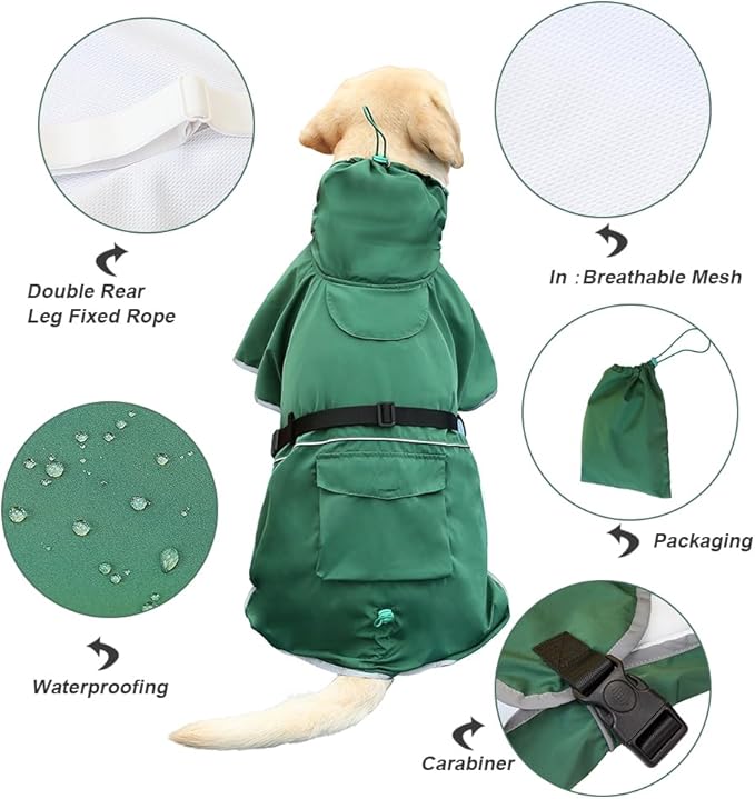 Dog Raincoat Waterproof Dog Rain Coat with Hoodile, Reflective Adjustable Lightweight Pet Rain Jacket for Medium Large Dogs(Green, 7XL)