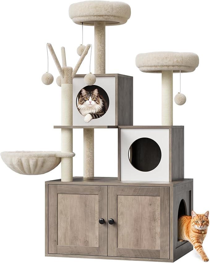Litter Box Enclosure with Cat Tree Tower and Condo, Hidden Cat Washroom Furniture with Sisal Scratching Post & Soft Plush Perch, Wooden Cat Furniture with Multiple Platforms,Griege