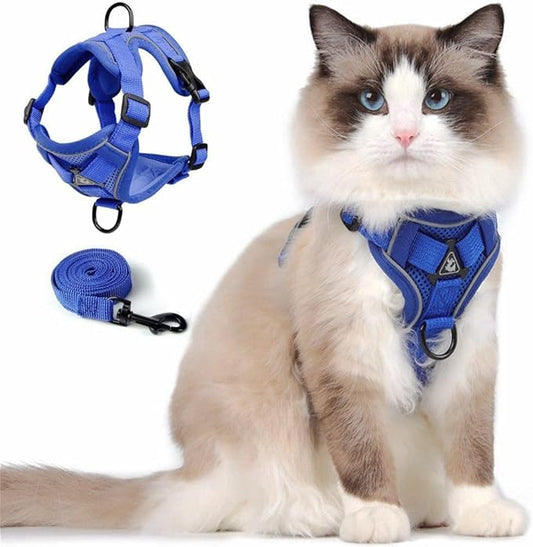 Cat Harness and Leash Set, Upgraded Escape Proof Adjustable Kitten Vest with Lead for Small Cat Outdoor Walking, Soft Breathable Mesh Jacket with Reflective Strips for Dark Night S Klein Blue