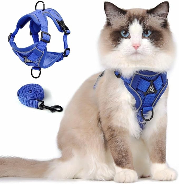 Cat Harness and Leash Set: Upgraded Escape Proof Vest with Lead for Large Cat Small Dog Puppy Walking, Soft Jacket with Reflective Strips L Size Blue