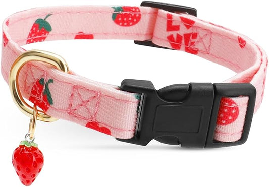 Cute Cotton Dog Collar for Small Medium Large Dogs Special Design with Cute Pink Strawberries Pendant Necklace for Girl Boy Male Female Dogs Pet Collar Soft Fabric Adjustable Puppy Collars Red - L