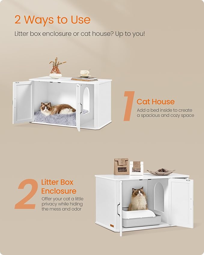 Feandrea Litter Box Enclosure, Modern Cat Litter Box Furniture Hidden, Front Entry, Double Doors, Handles, Cat House, Side End Table, 33.5 x 19 x 19.5 Inches, Cloud White UPCL012W01