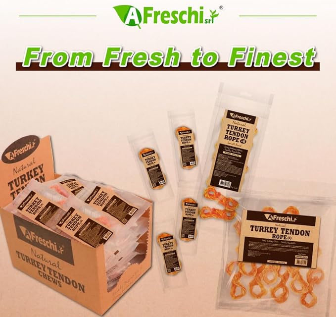 AFreschi Turkey Tendons for Dogs, USA-Sourced, Healthy Dog Treats, Rawhide-Free Puppy Chews, Long Lasting, All Natural, Hypoallergenic Dog Treats for Small Breeds, 8 oz Pack Rope (S)