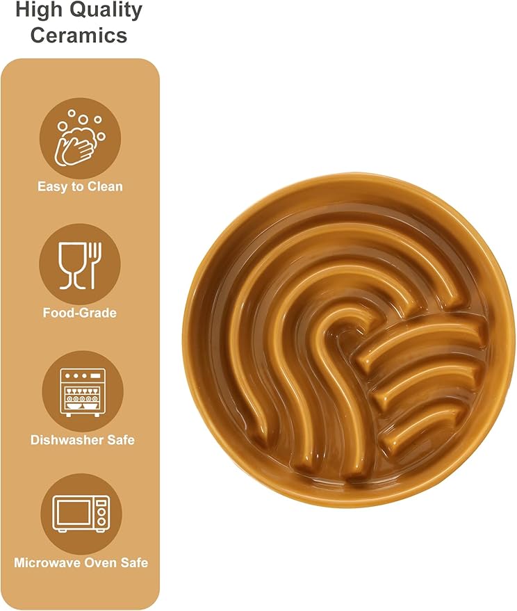 Ceramic Maze Dog Slow Feeder with Non-Slip Silicone Rim (& Bamboo Stand) – Heavy-Duty Stoneware Bowl with Puzzle Pattern for Bloating & Obesity Prevention (Raised-Orange-S)