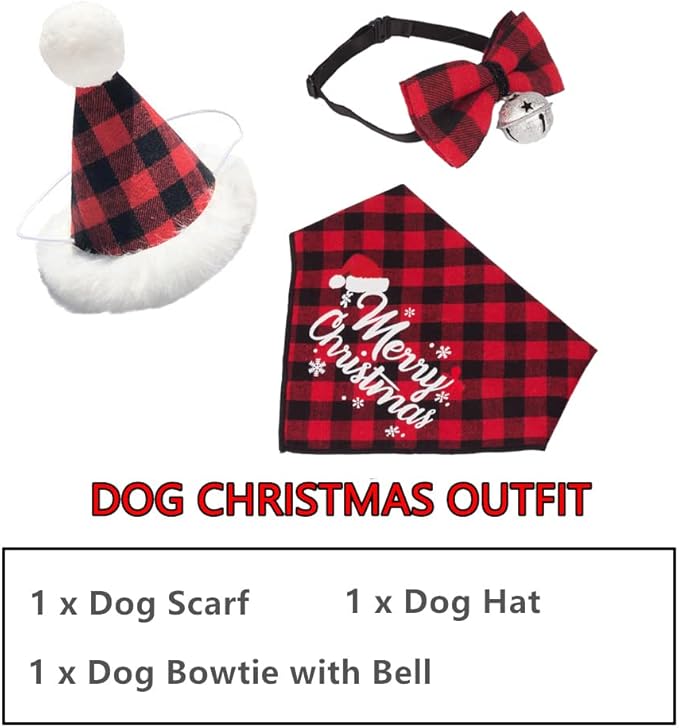 ADOGGYGO Christmas Dog Bandana Hat Bowtie, Red Plaid Pet Christma Hat Scarf Xmas Outfit Costume Accessories for Small Dogs (Small)
