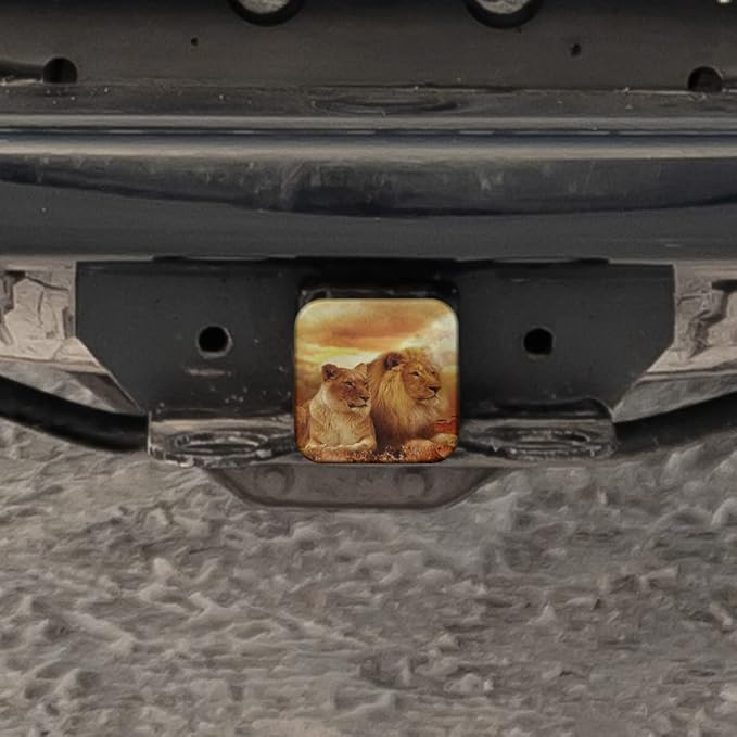 Swono 2" Hitch Cover Lions, African King Lions Resting Sunset Grass Trailer Hitch Cover Tube Plug Cap, Rubber Receiver Tube Hitch Plug for Most Vehicles