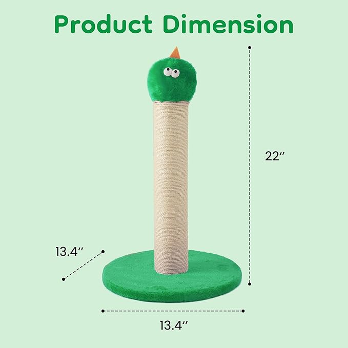 22" Cat Scratching Post, Sisal Cat Scratcher with Interactive Hanging Toy, Monster Scratch Pole for Indoor Cats, Cute Cat Scratch Post for Kittens & Large Cats, Green