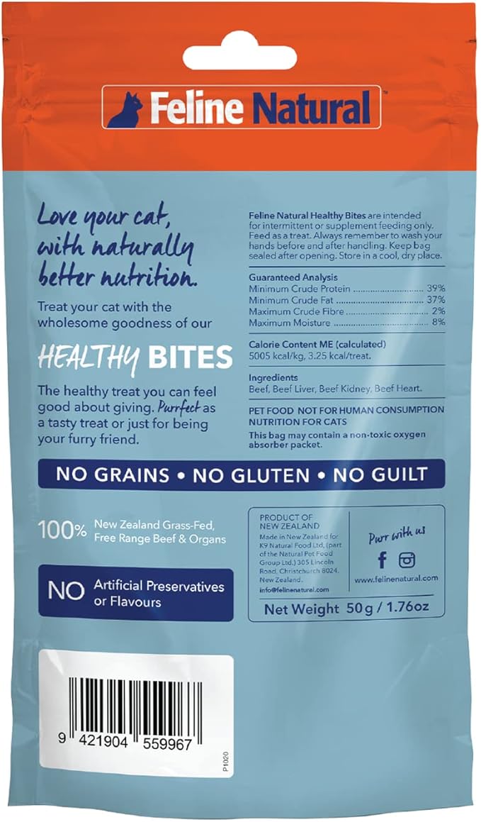 Feline Natural Freeze Dried Cat Treats – New Zealand Single-Source Protein Treats for Cats - Grain-Free Healthy Cat Snacks, Beef Bites, 1.76oz